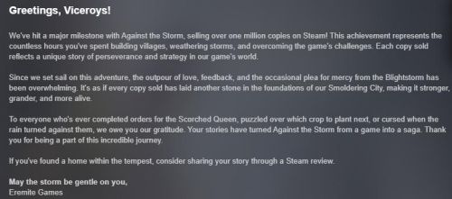 好评如潮建造游戏《风暴之城》Steam销量突破100万份